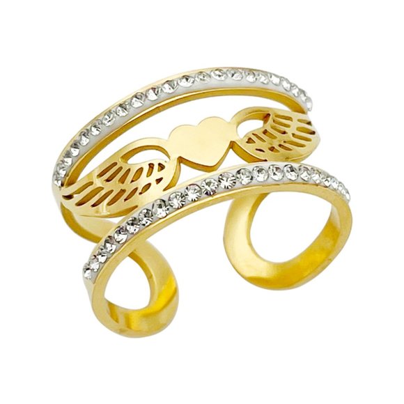 3/$35 Gold Plated Heart Wings Open Ring Stainless Cubic Zirconia Diamond - Picture 4 of 7